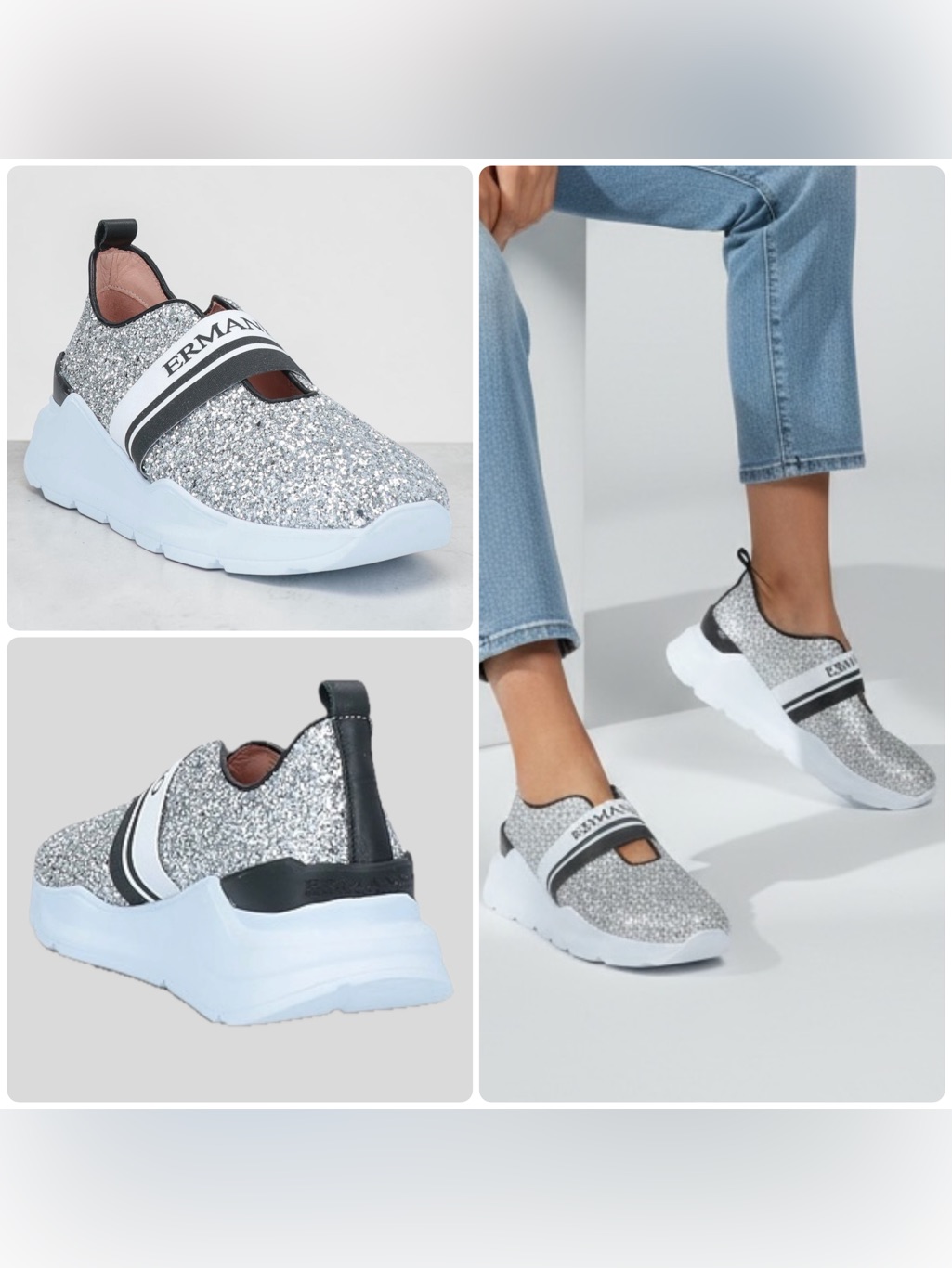 Ermanno Scervino Silver Glitter Elastic Strap Sneakers Shoes Nwob $539